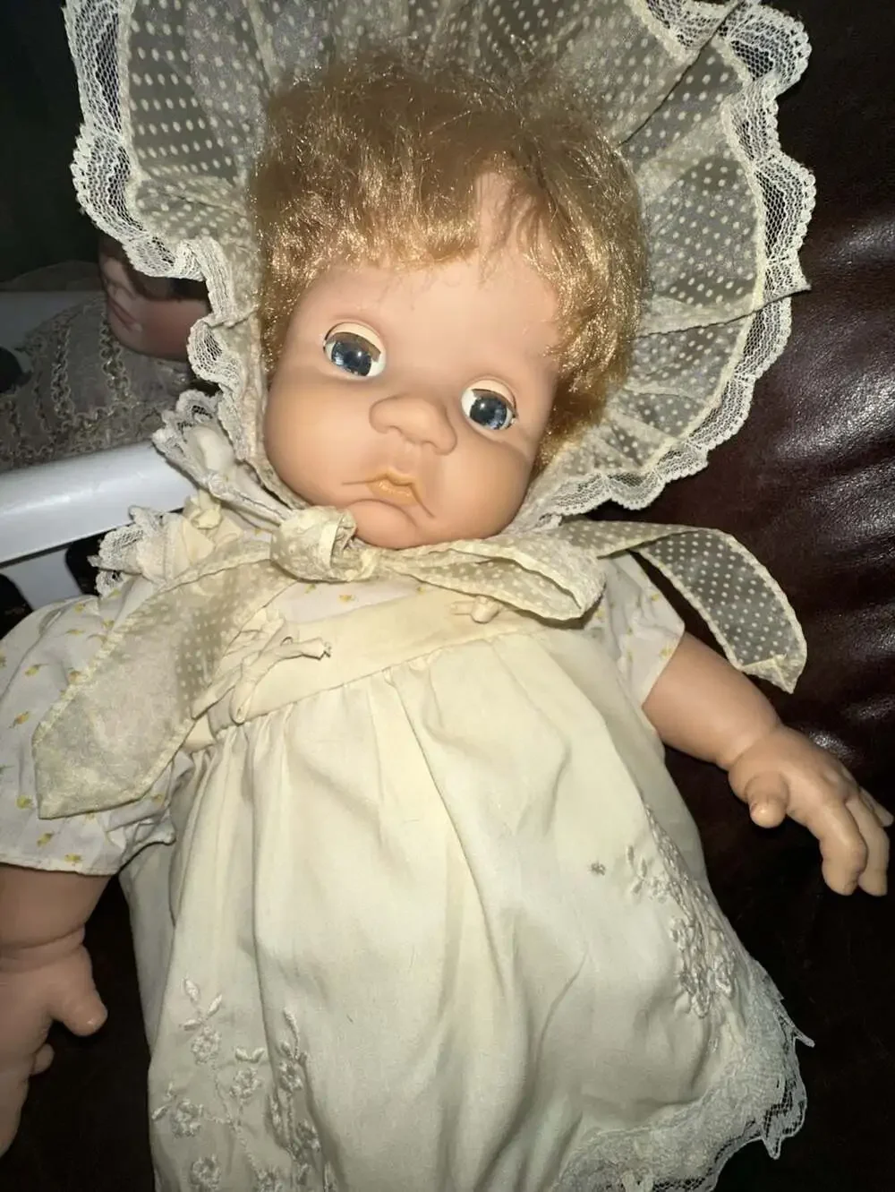 Vintage 1986 Playmates Toys Inc. Baby Doll Model 3210 with Lace Bonnet and Dress